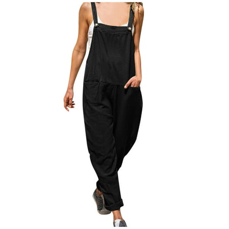 GWAABD Suspenders Backless Jumpsuit Womens Casual Style Loose Overalls Cotton Wide Cut with Pockets Wide Leg Long Pants