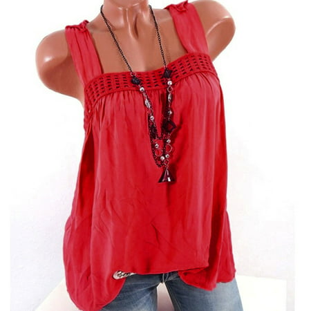 CLZOUD Women S Sleeveless Skinny Crop Tank Top Red Women Camisole Slash Neck Lace Printed Plus Size Tops Loose T-Shirt Blouse L