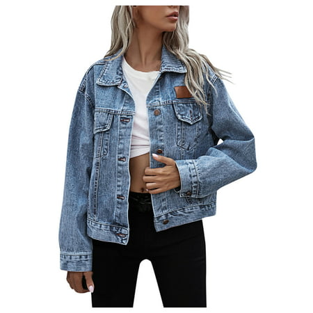 GWAABD Women Plaid Coat Long Sleeve Button Down Jackets Jean Jacket for Women Retro Casual Lapel Button Down Long Sleeve Pocket Distressed Oversize De