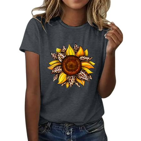 CLZOUD Womens Shirts and Blouses Dark Gray Polyester Spandex Cotton Women Sunflower Summer T Shirt Plus Size Loose Blouse Tops Girl Short Sleeve Casua
