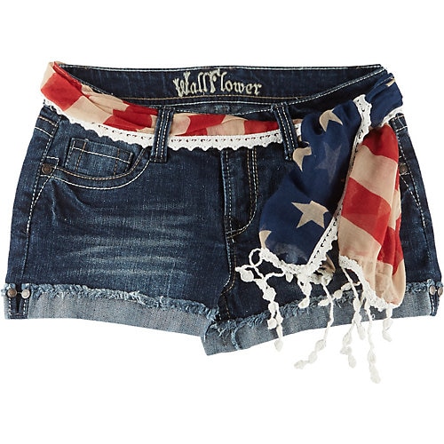 Wallflower Juniors Americana Belt Denim Shorts-9,buffalo Blue/multi