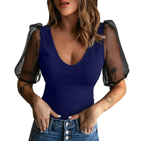 CLZOUD Woman Elegant Casual Blouse Blue Women S Spring and Summer Mesh Splicing Top U Neck Pullover Solid Color Short Sleeve T Shirt S