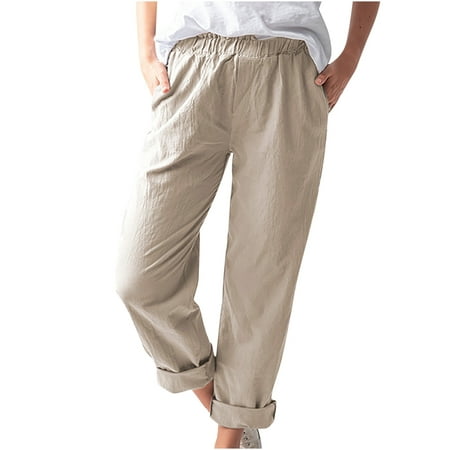 YANHAIGONG Women Pants Summer Shorts Pants for Women 2564 Women Casual Solid Color Pockets Elastic Waist Comfortable Straight Pants
