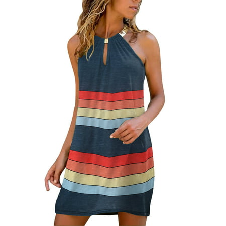 GWAABD Color Contrast Tiered Dress Women Daily Summer Dress Fashion Printed Halter Neck Beach Dresses Sleeveless Above Knee Sundress