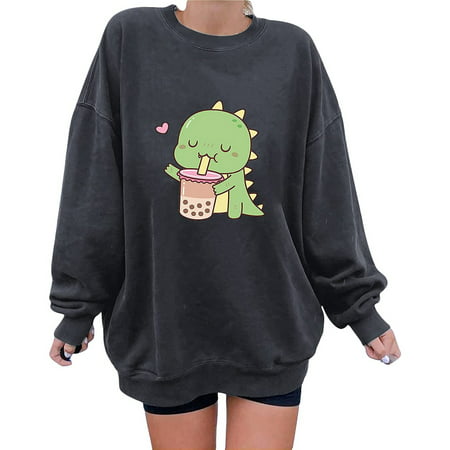 GWAABD Womens Sweatshirts Crewneck Womens Casual Long Sleeve Crew Neck Cartoon Dinosaur Printed Pullover Hoodless Sweatshirts Fit Blouse