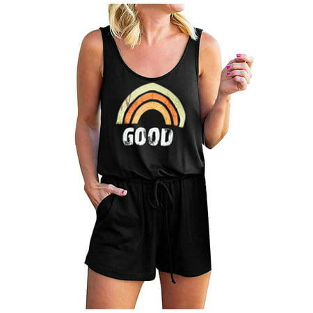 GWAABD Move with You Sleeveless Spaghetti Strap Belted Sleeveless Fashion Casual Pocket Neck Print Jumpsuit Round Women Women S Jumpsuit
