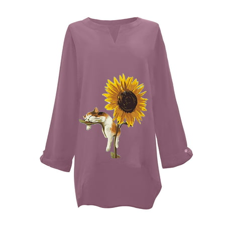 CLZOUD Business Shirts for Women Purple Cotton and Linen Plus Size Women Casual Long Sleeve Floral Print Loose V-neck Shirt Blouse Top M