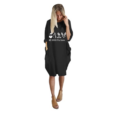 GWAABD Long Beach Dresses for Women Womens Dress Christmas Cute Printed O-Neck Long Sleeve Pocket Fashion Skirt Autumn Winter Casual Loose Dress