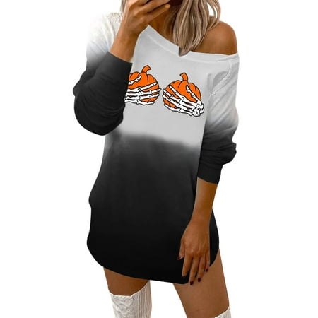 GWAABD Dress Casual Sweatshirts Dress for Women Fashion Crew Neck Print Off Shoulder Long Sleeves Hoodie Dress