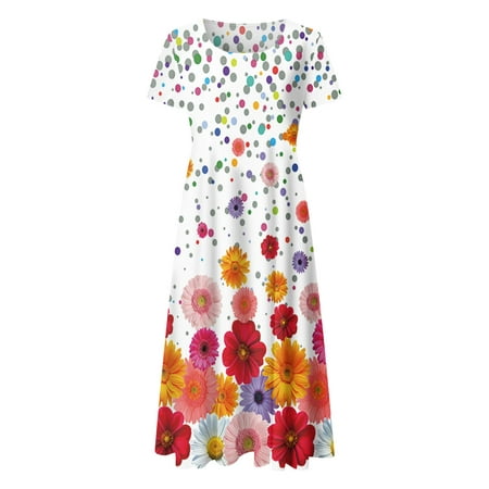GWAABD Denim Dress for Women Knee Length Women Summer Casual Short Sleeve Floral Printed Crew Neck Loose Dress Boho Beach Long Sundress