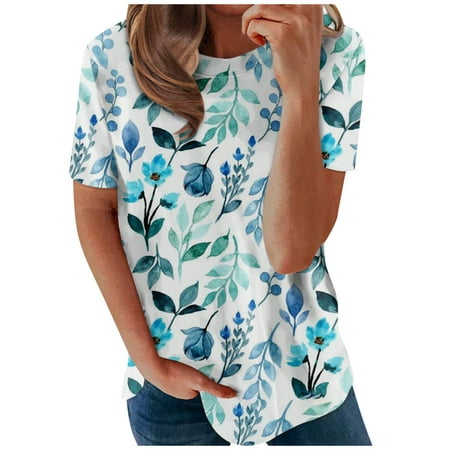 Summer Tops for Women 2658 Trendy Round Neck Ethnic Print Womens Tshirts EKOUSN