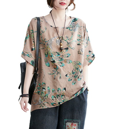 Sanviglor Ladies T-shirt Floral Print Tee Crew Neck T Shirt Casual Summer Tops Holiday Tunic Blouse Light Coffee Color (3439) One Size