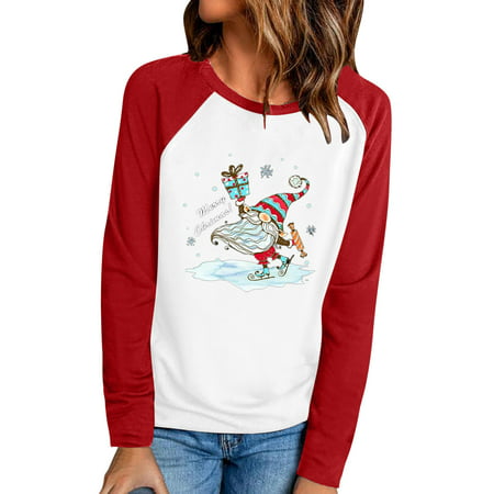 CLZOUD T Shirts for Women Summer White Cvc Women Casual Printing Daily Shirts Round Neck Long Sleeve T Shirt Loose Tee Tops Tunic Blouse M