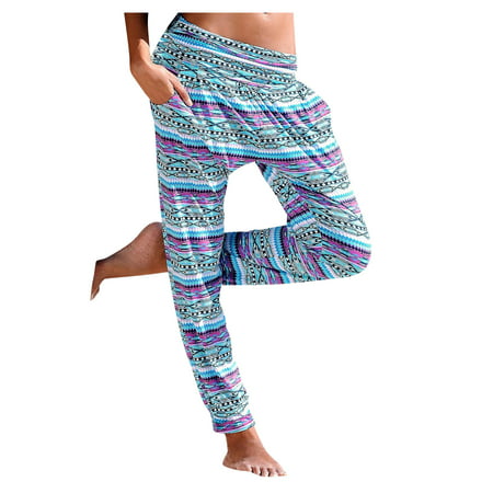 GWAABD Yoga Pants for Short Women Pockets Pants Women Beach Easy Waist High Pants Long Boho Trousers Printing Pants