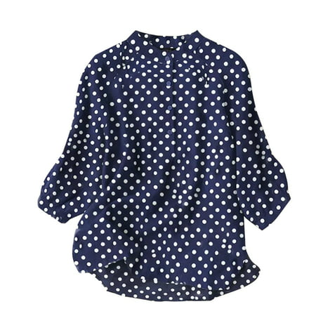 GWAABD Womens Tops Long Sleeve Women S Spring and Summer Round Neck Button Polka Dot Texture Cotton Linen Shirt