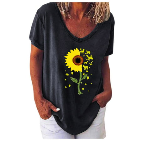 CLZOUD Dress Shirts for Women Trendy Black Polyester Womens Casual V-Neck T-Shirt Short Sleeve Sunflower Print Blouse Tops M