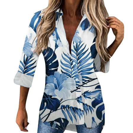 GWAABD Ladies Sweater Jeans Thermal Tops Women Casual Spring and Summer Long Sleeved Lapel Shirt Color Flower Print Shirt