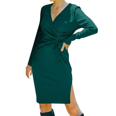 GWAABD Maxi Dress for Petite Women Womens Dress Solid Color Long-sleeved Stripe Pleated Hem-Slit Fashion Dress