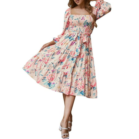 GWAABD V Neck Long Sleeve Dress for Women Women Casual Dress V Neck Long Dress Printed Long Sleeve Belt Elegant Long Dress
