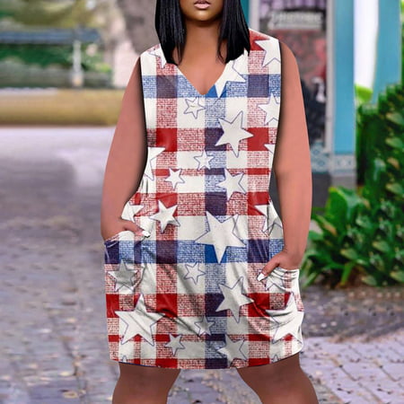 Perfect Summer Gift HIMIWAY Maxi Cheap MIDI Wedding Guest Plus Size Women 4888 Summer Loose Casual Large Size Patriot V-Neck Sleeveless Dress Dark Blu