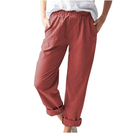 YANHAIGONG Women Pants Summer Shorts Pants for Women 2564 Women Casual Solid Color Pockets Elastic Waist Comfortable Straight Pants
