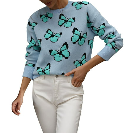 GWAABD Zipper Sweaters for Women Women S Long Sleeve Crew Neck Butterfly Pattern Knit Pullover Sweater Tops
