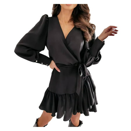 GWAABD Bump Friendly Dresses Fashion Women S V-neck Print Dress High Waist Long Sleeve a-Line Mid Length Soft Casual Dress Elegant Printed Dresses