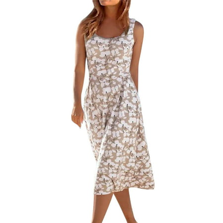 GWAABD Dresses for Women Casual Summer Women Flowers Printed Sleeveless Dress Summer Round Neck Dresses Beach Vest MIDI Sundress
