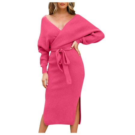 CLZOUD Women S Casual Dresses Pink Waffle Women S Knit Sweater V Neck Wrap Knit Dresses Batwing Sleeve Sweater Dresses L