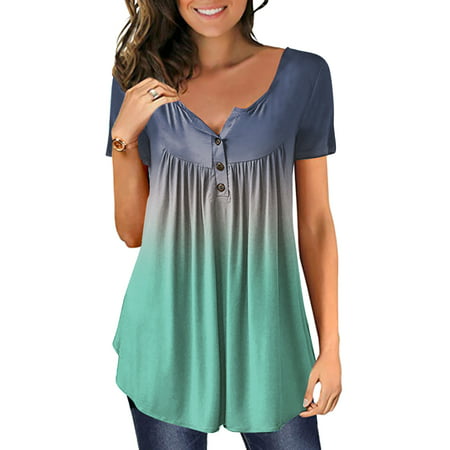 GWAABD Women Spring Long-Sleeved Shirt Women Plus Size Gradient Printed V Neck Short Sleeve T Shirts Button Pullover Tank Tops Blouse