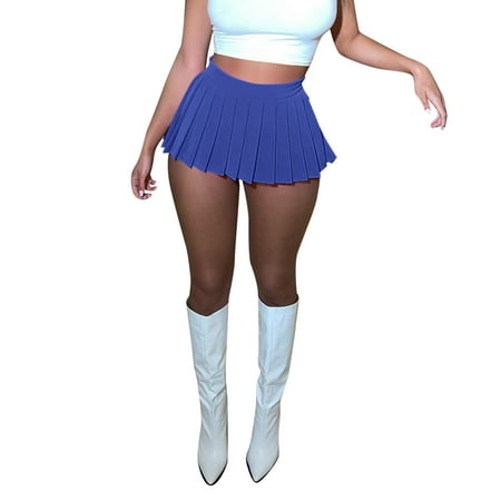 CLZOUD Comfy Dress for Women Blue Womens Mini Pleated Skirt Club High Elastic Tennis Skating Skirt a Line Skirt M