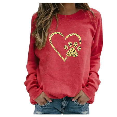 CLZOUD Casual Blouses for Women Red Polyester Women Casual Long Sleeve Dog Paw Printing O-Neck Tops Shirt Blouse Pullover Xxxl