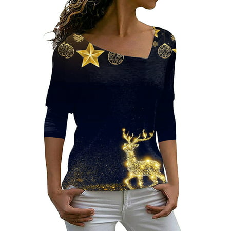 CLZOUD Shirts for Women Dressy Casual Black Womens Casual Long Sleeved Print Long Sleeved T Shirt Top Xxl