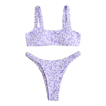 CLZOUD Women Cross Bikini Set Purple Multicolor High Waisted Leopard Print Split Bikini Beach Split Swimsuit L