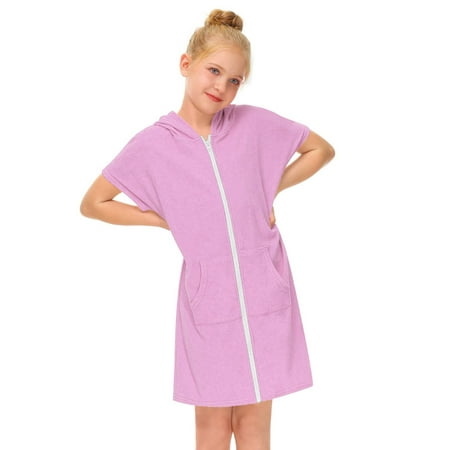 GWAABD Girls Summer Casual Dresses Pink Cotton Kid S Zip up Terrys Hooded Coverups Swim Beach Cover up Cotton Summer Short Sleeve Bathing Suit Bathrob