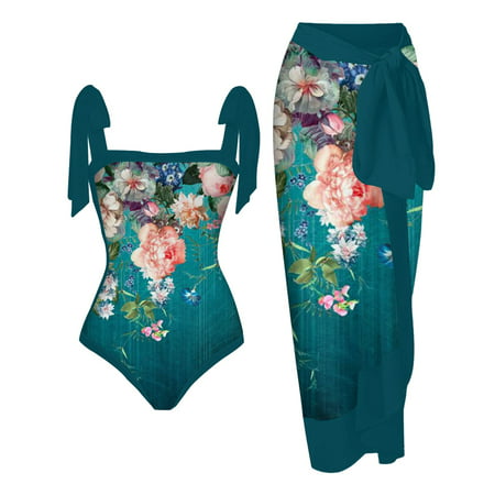 CLZOUD Cheeky Bikini Sets for Women Sexy Blue Suitable 1 Piece Bathing Suit for Women with Bikini Maxi Wrap Skirts 2 Piece Floral Print Swimsuit Tanki