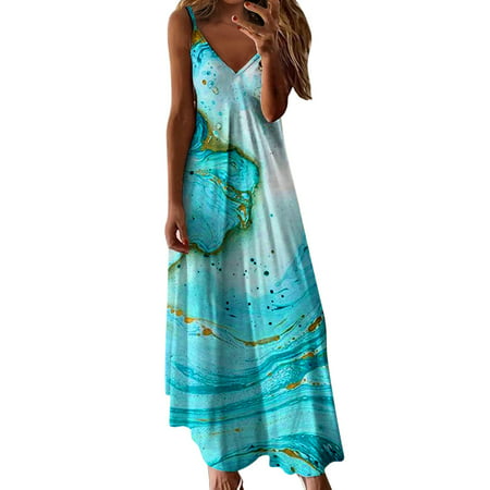 CLZOUD Women Flowy Dress Green Polyester Spandex Women Plus Size Print Daily Casual Sleeveless Vintage Bohemian V Neck Maxi Dress L