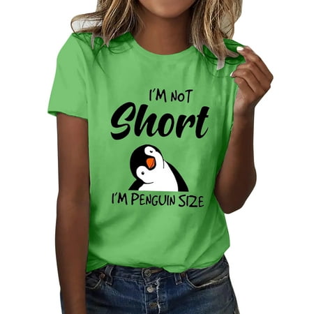 CLZOUD Woman Elegant Casual Blouse Green Women Cartoon Letter Printing Round Neck Short Sleeve T Shirt Tops Tunic Casual Shirts M