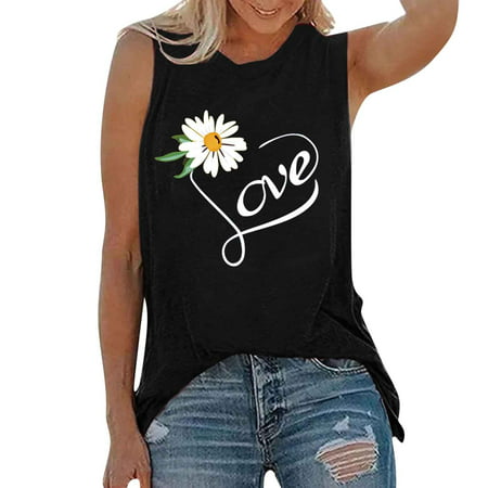 CLZOUD Cropped Tops for Women Black Women Printed Sleeveless Round Neck Top T-shirt Vest Tee Shirt Blouse Casual Tank Tops Xxl