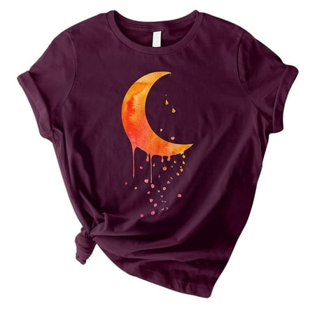 CLZOUD Womens T Shirt Summer Red Fashion Women Moon Printed O-Neck Shirt T-Shirt Short Sleeve Casual Tee Tops Xl