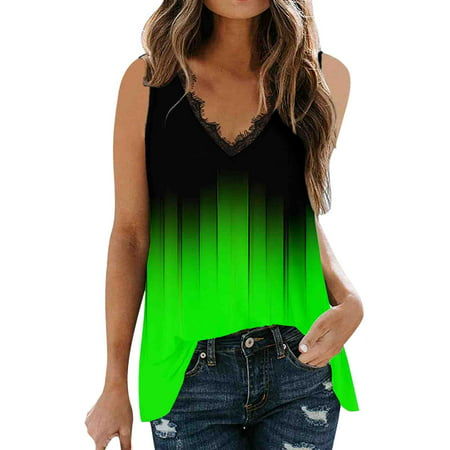 GWAABD Womens Round Neck Racerback Tank Tops Women Summer Sleeveless Gradient Color Printed V Neck Lace Tank Tops Casual Vest Tops