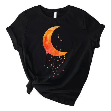 CLZOUD Women Shirts Summer Black Fashion Women Moon Printed O-Neck Shirt T-Shirt Short Sleeve Casual Tee Tops M