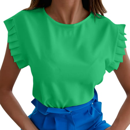 GWAABD Neutral Shirts for Women Women Sleeveless Summer Tops Folds O Neck Slim Fit Work Shirts Casual Blouse