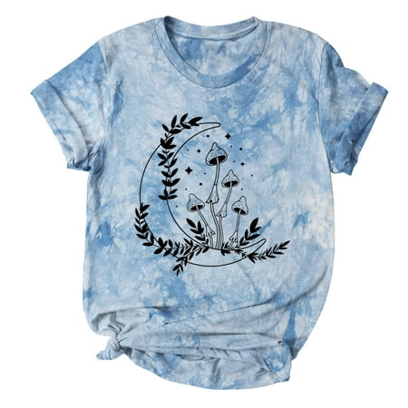 CLZOUD Blouse for Women Dressy Casual Sky Blue Women Casual Tie Dye Printing Short Sleeve Tops Blouse Round Neck Casual Tee Tunic Shirts Xl