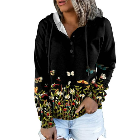 GWAABD Workout Crop Tops Long Sleeve Ladies Casual Fall Winter Pocket Floral Print Long Sleeve Hooded Button Down Sweatshirt