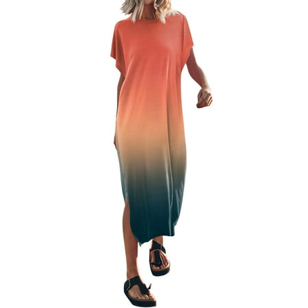 CLZOUD Flowy Summer Dresses Orange Polyester Spandex Women S Summer T Shirt Maxi Dress Batwing Sleeve Crewneck Casual Loose Slit Side Long Beach Dress