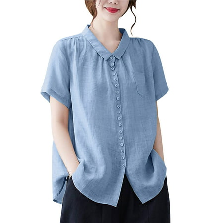 GWAABD Fashion for Women Womens Cotton Button Down Shirts Short Sleeves Office Shirts Round Neck Casual Business Tops Slim Shirts