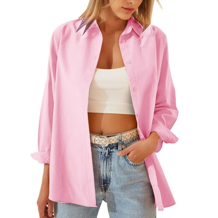 GWAABD Trendy Tops Women Women Long Sleeve Lapel Cardigan Top Simple Solid Color Loose Fashion Casual Shirt