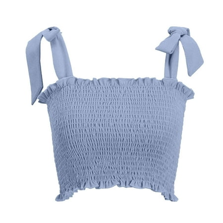 CLZOUD Slim Fit Crop Tops for Women Sky Blue Cotton Women Fashion Casual Solid Color Bowknot Camisole Short Vest Top M