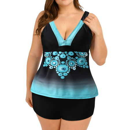CLZOUD Bikini Bra Set Sky Blue Digital Print Swimsuit Set Bikini Plus Bikini Split Swimwear Bathing Suit Strap Women Size Tankini Adjustable Swimwears